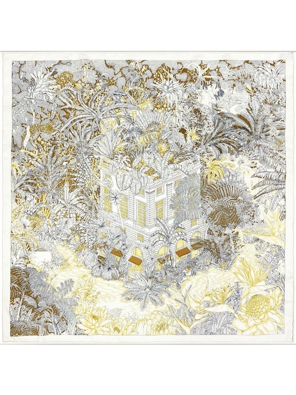 Botanical Gold & Gray Silk Scarf - Luxury Ladies Wrap 013